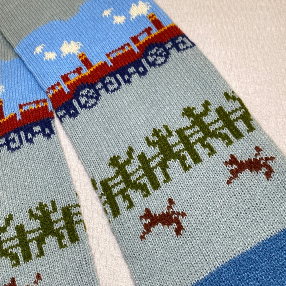 Vintage Collage Knit Scarf Blue Gray Train Cowboy Railroad Whimsical Twee - Picture 7 of 7
